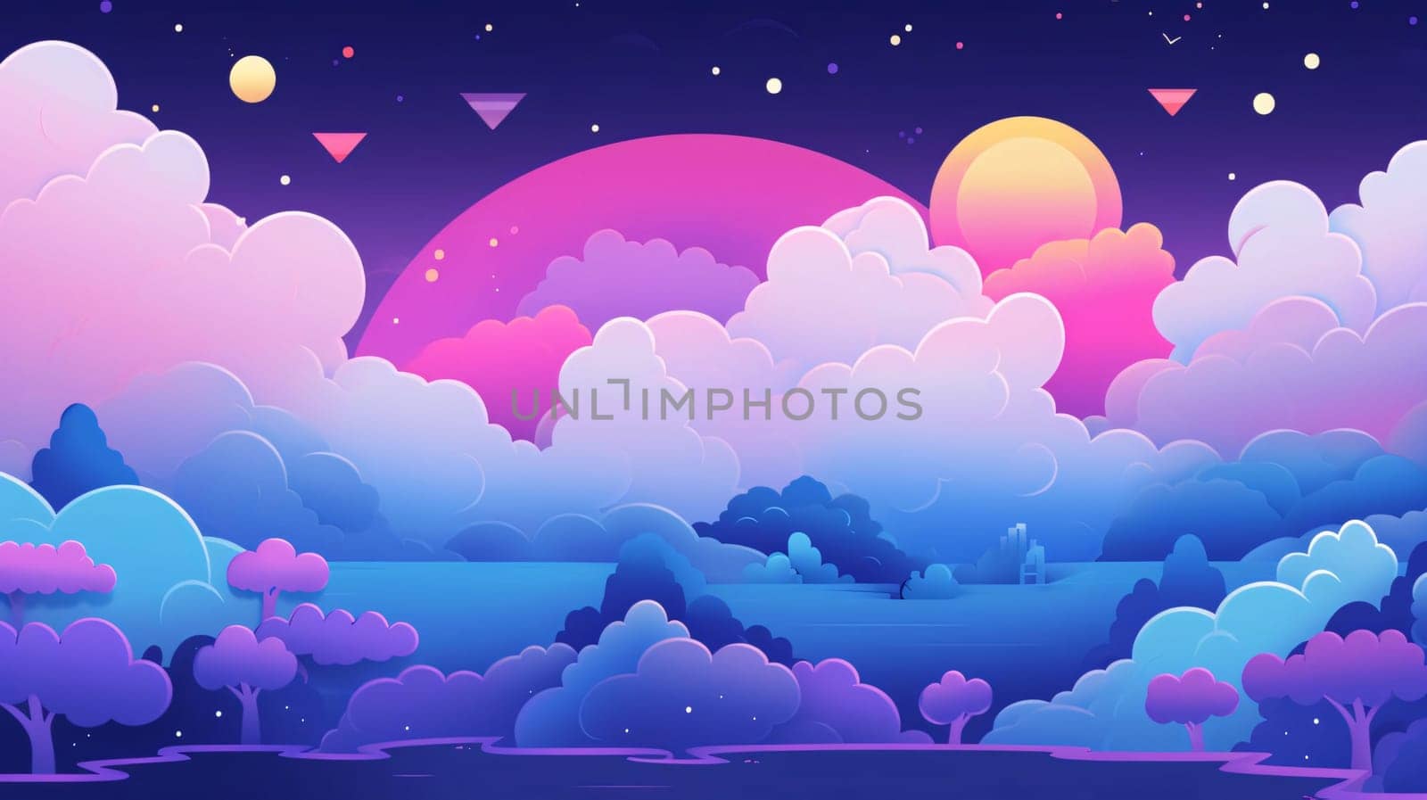 Banner: Night landscape with clouds, sun, moon and stars. Vector illustration.