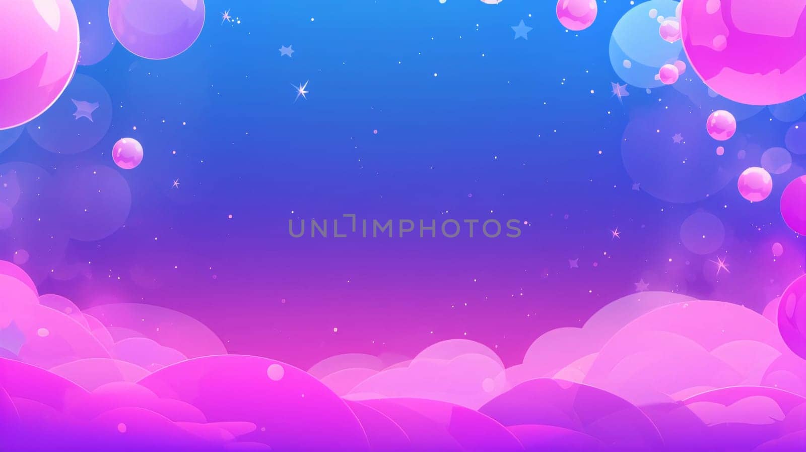 Banner: Abstract background with pink and purple balloons and stars. Vector illustration.