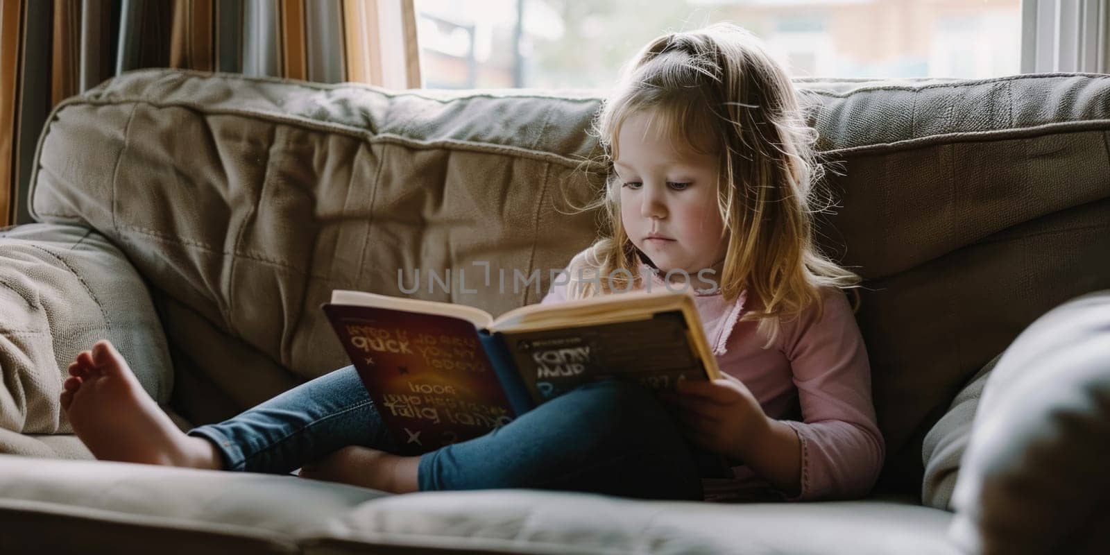 Cute little girl in casual clothes reading a book and smiling while sitting on a sofa in the room. ai generated