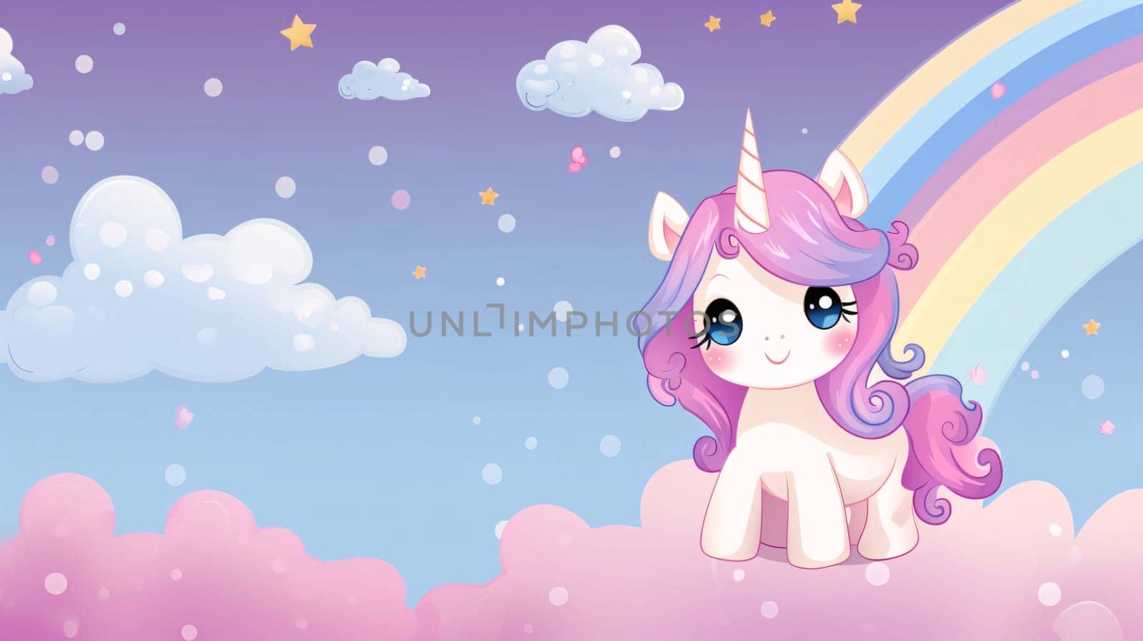 Cute unicorn with rainbow in the sky. Vector cartoon illustration. by ThemesS