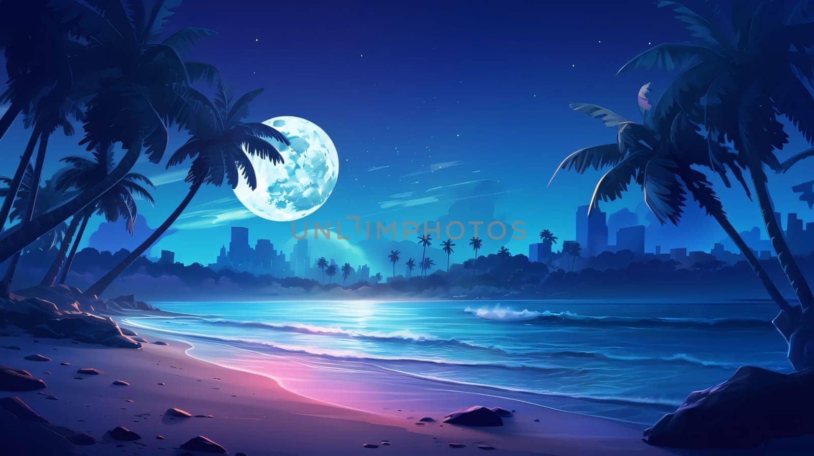Night beach with palm trees and big full moon. 3d render by ThemesS