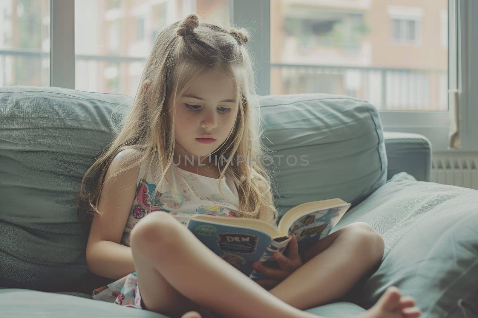 Cute little girl in casual clothes reading a book and smiling while sitting on a sofa in the room. ai generated