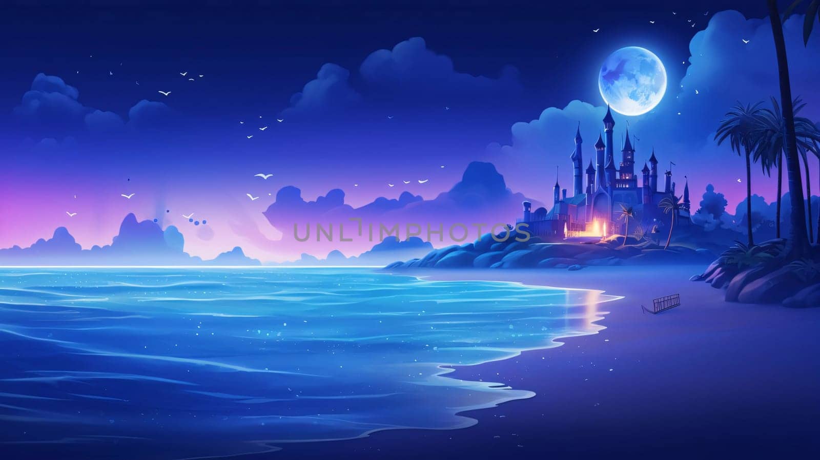 Illustration of a mosque in the middle of the ocean at night by ThemesS