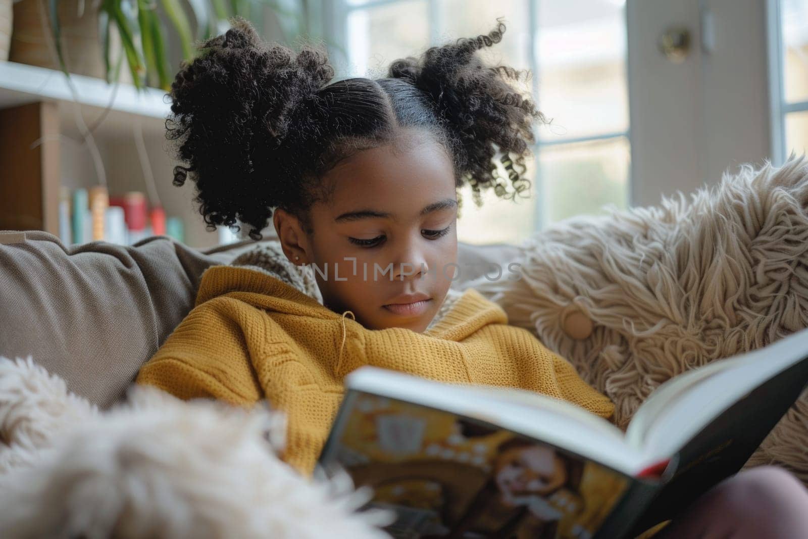 Cute little african american girl in casual clothes reading a book and smiling while sitting on a sofa in the room. ai generated