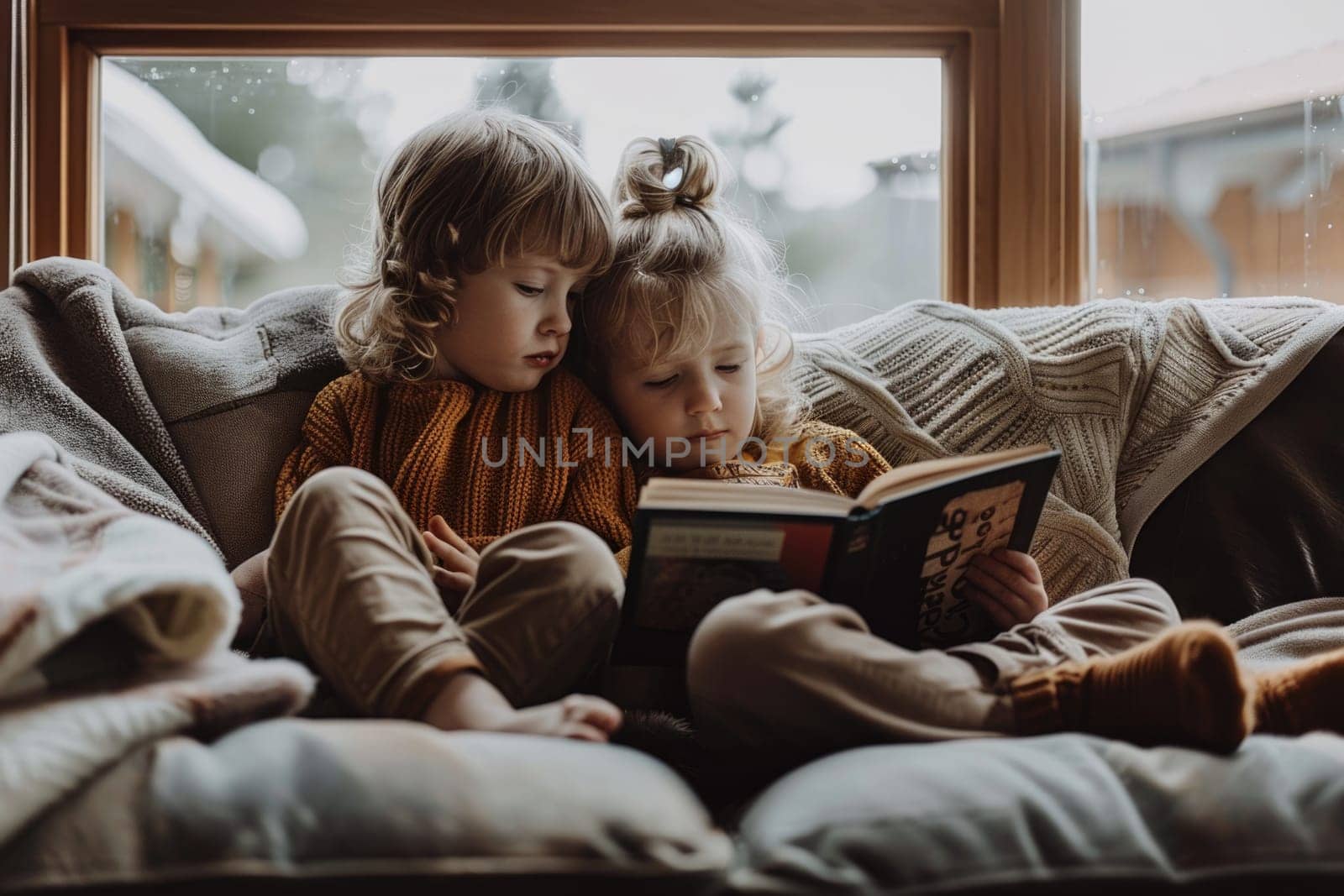 Cute little children in casual clothes reading a book and smiling while sitting on a sofa in the room. ai generated