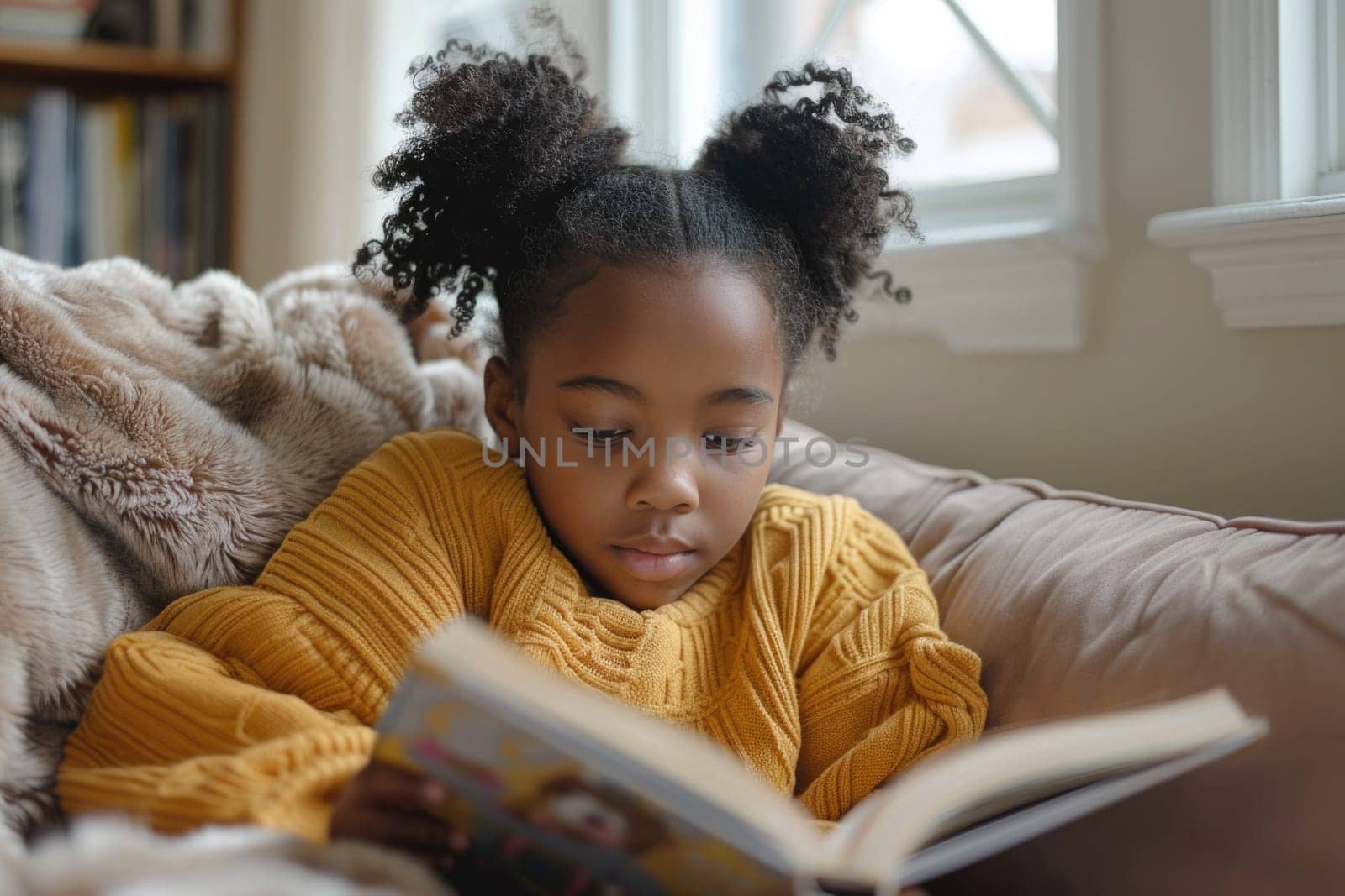 Cute little african american girl in casual clothes reading a book and smiling while sitting on a sofa in the room. ai generated