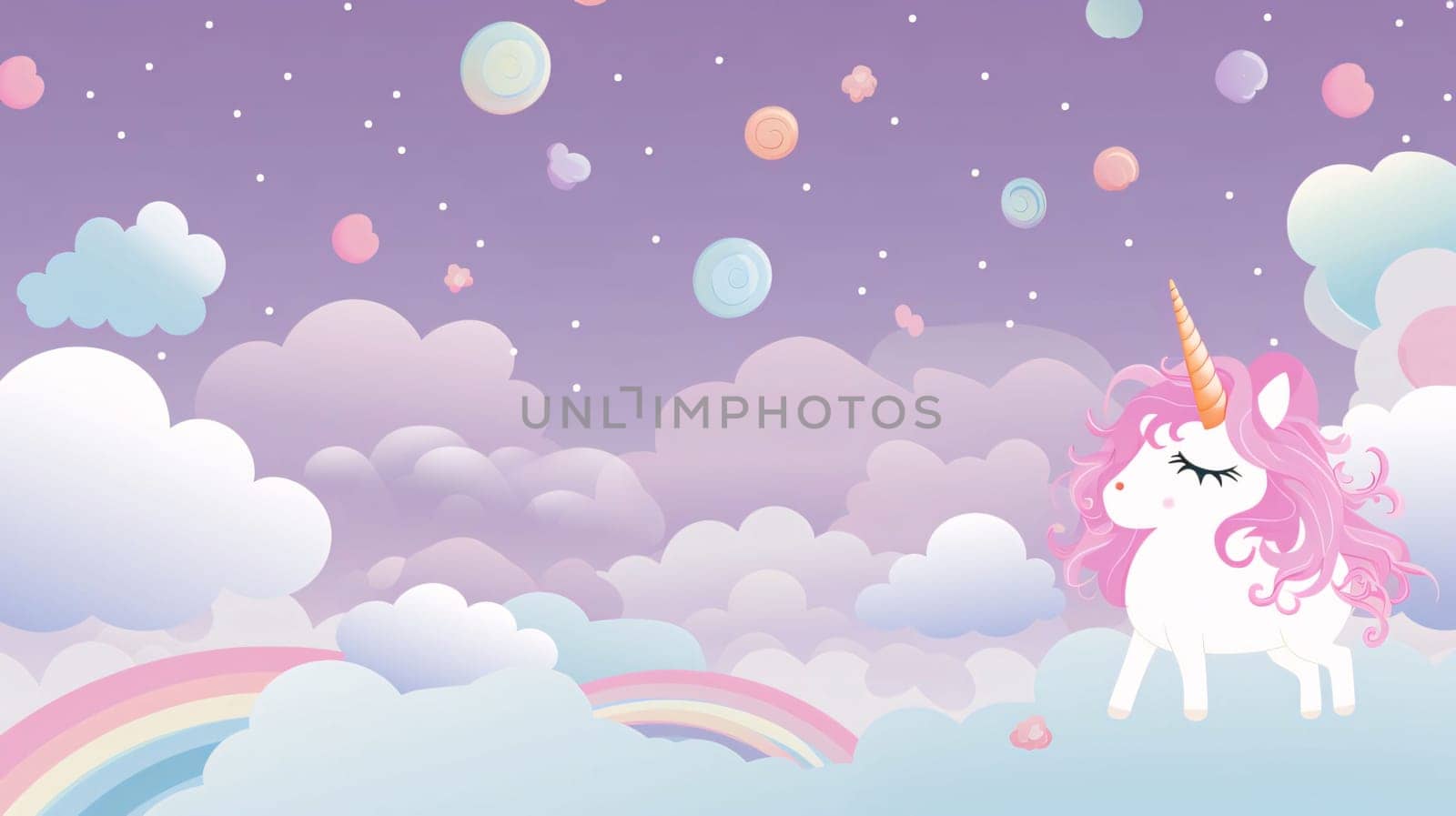 Banner: Unicorn background with rainbow and clouds. Vector Illustration.
