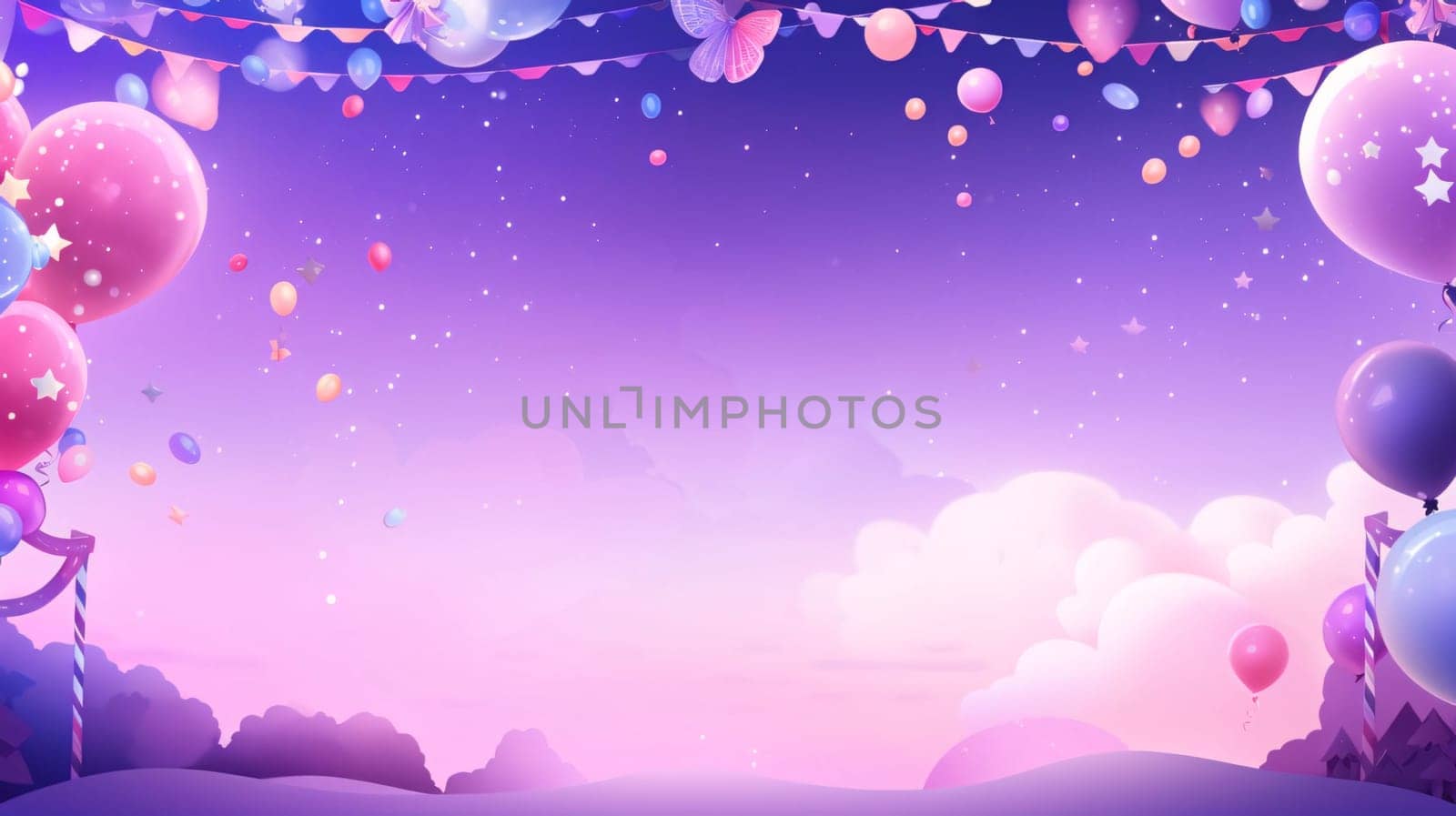 Banner: Purple sky background with balloons and confetti. Vector illustration.