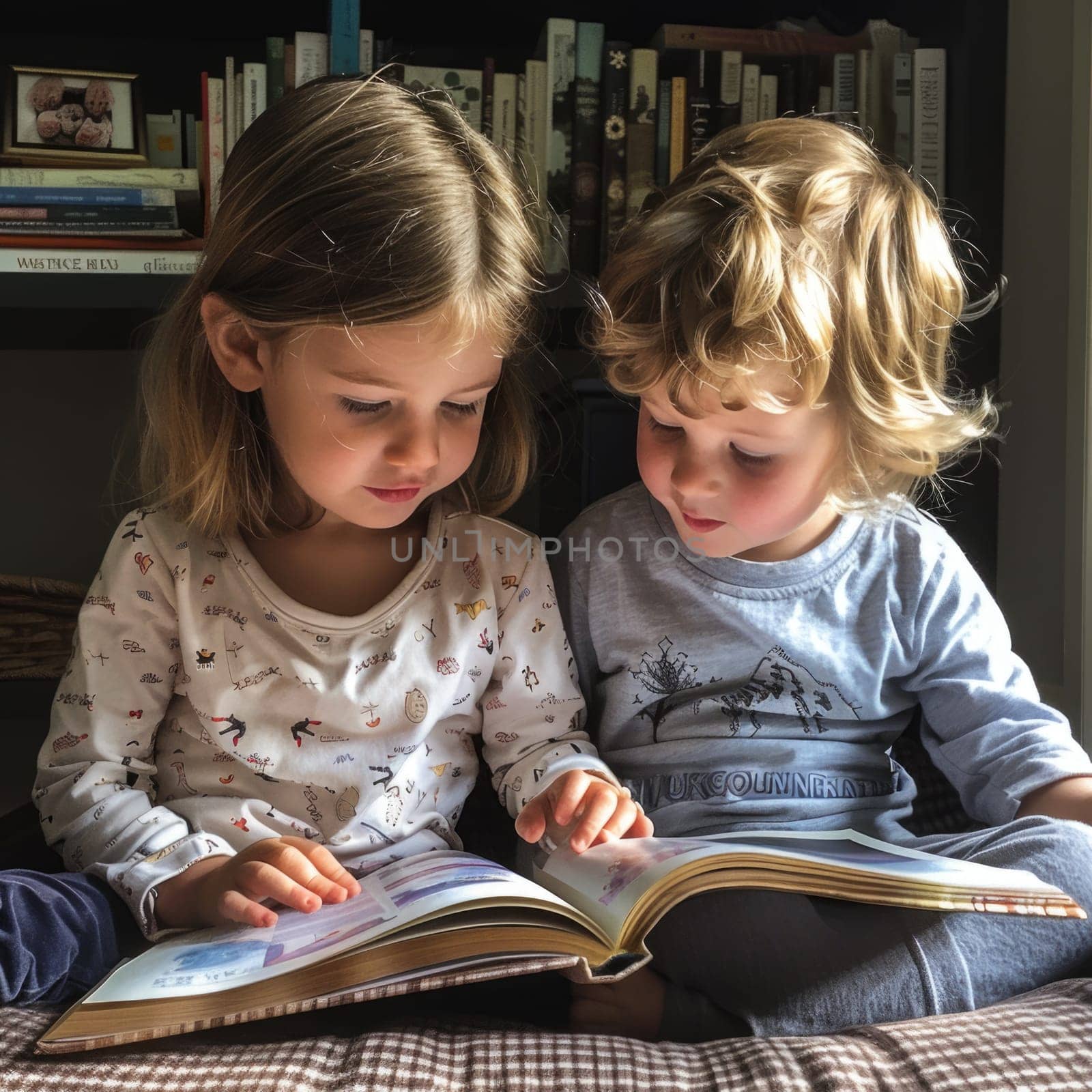 Cute little children in casual clothes reading a book and smiling while sitting on a sofa in the room. ai generated