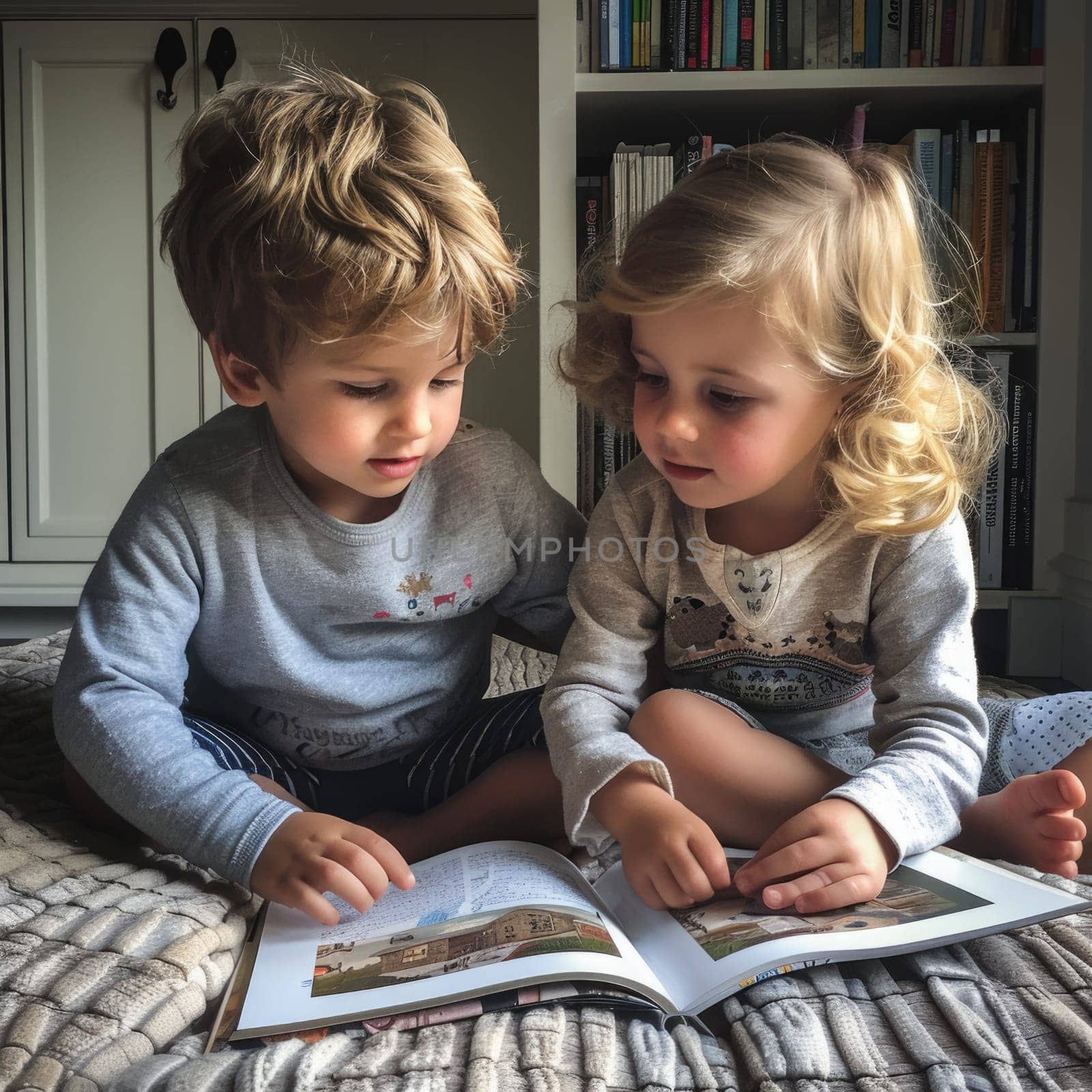 Cute children reading a book and smiling while sitting on a sofa in the room. ai generated by Desperada