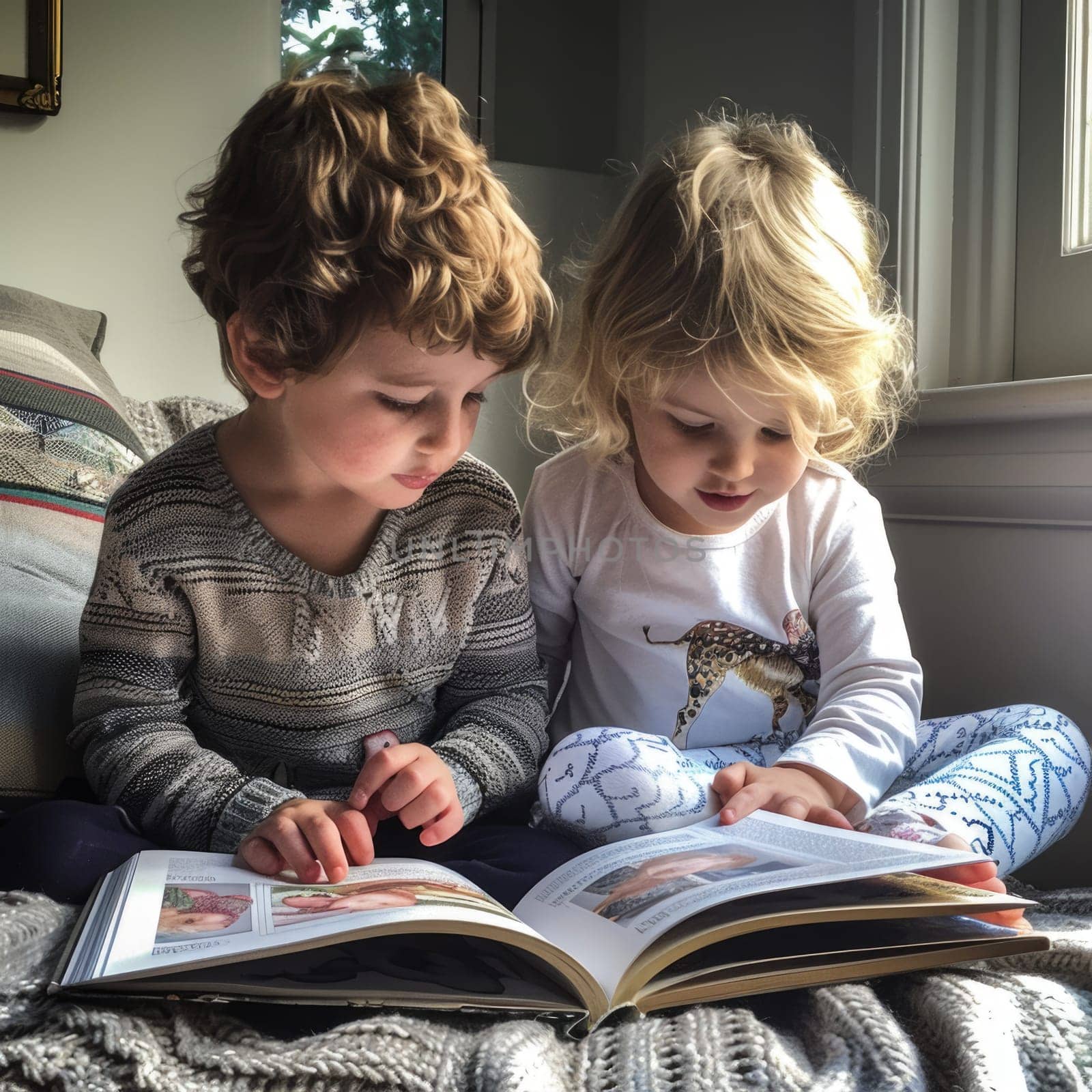 Cute children reading a book and smiling while sitting on a sofa in the room. ai generated by Desperada