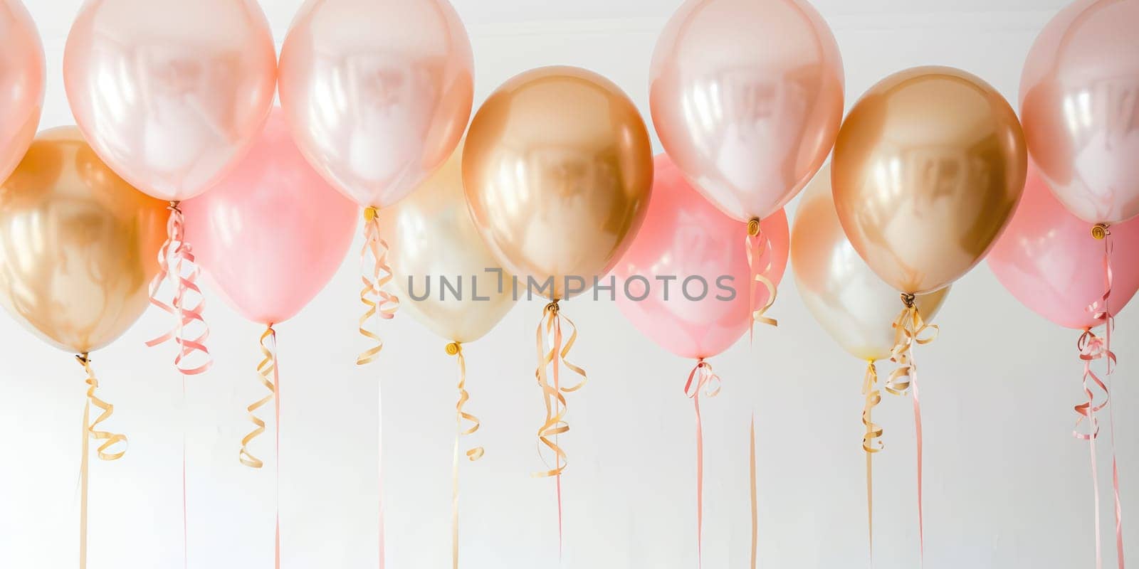 Pink and gold helium balloons with ribbons against white wall background. Party decor concept for birthday, wedding, or anniversary celebration. Ai generation. High quality photo