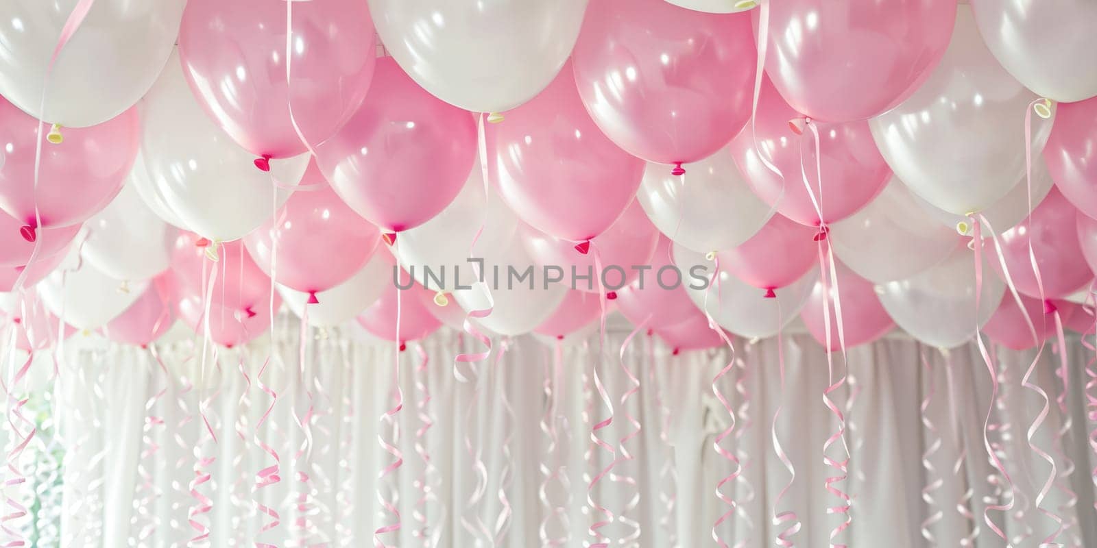 Assorted pink and white balloons with ribbons and confetti, celebration and party decoration theme, ideal for birthday or wedding invitation design. Ai generation. High quality photo