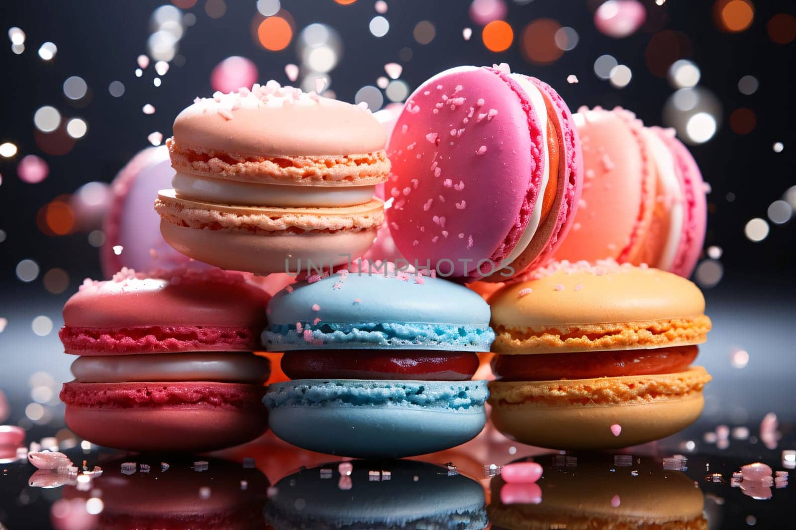 Banner: Colorful macaroons on dark background with bokeh effect