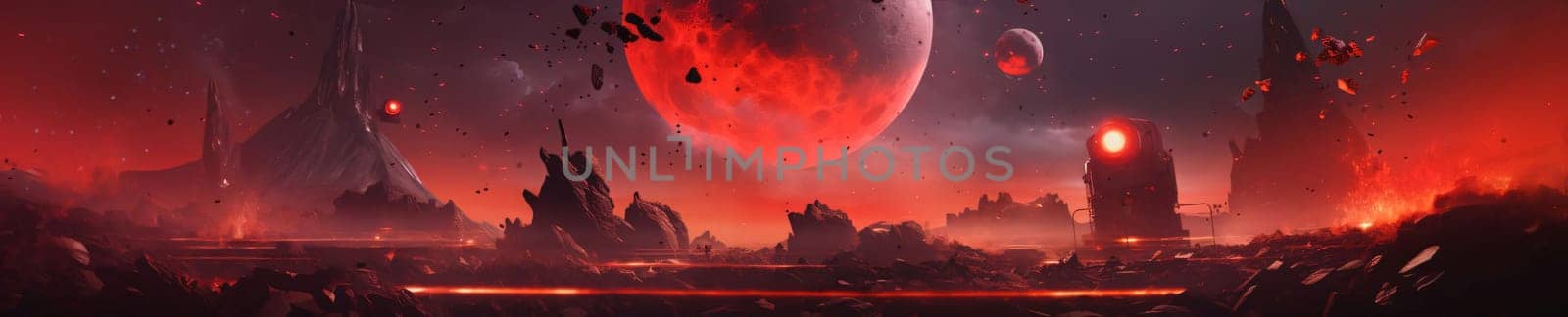 Banner: Fantasy landscape with planet and moon. Elements of this image furnished by NASA