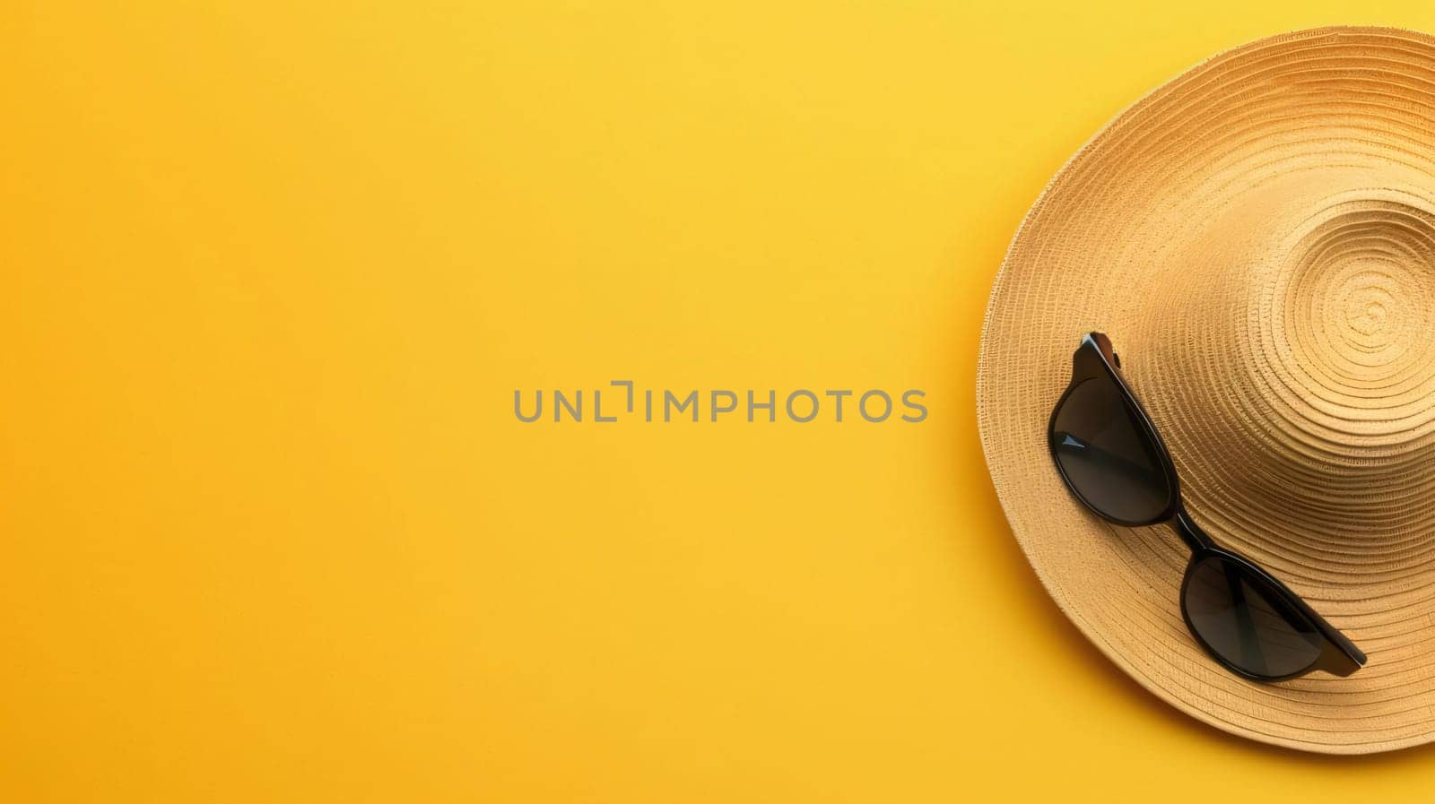 Banner: Top view of hat and sunglasses on yellow background. Summer vacation concept