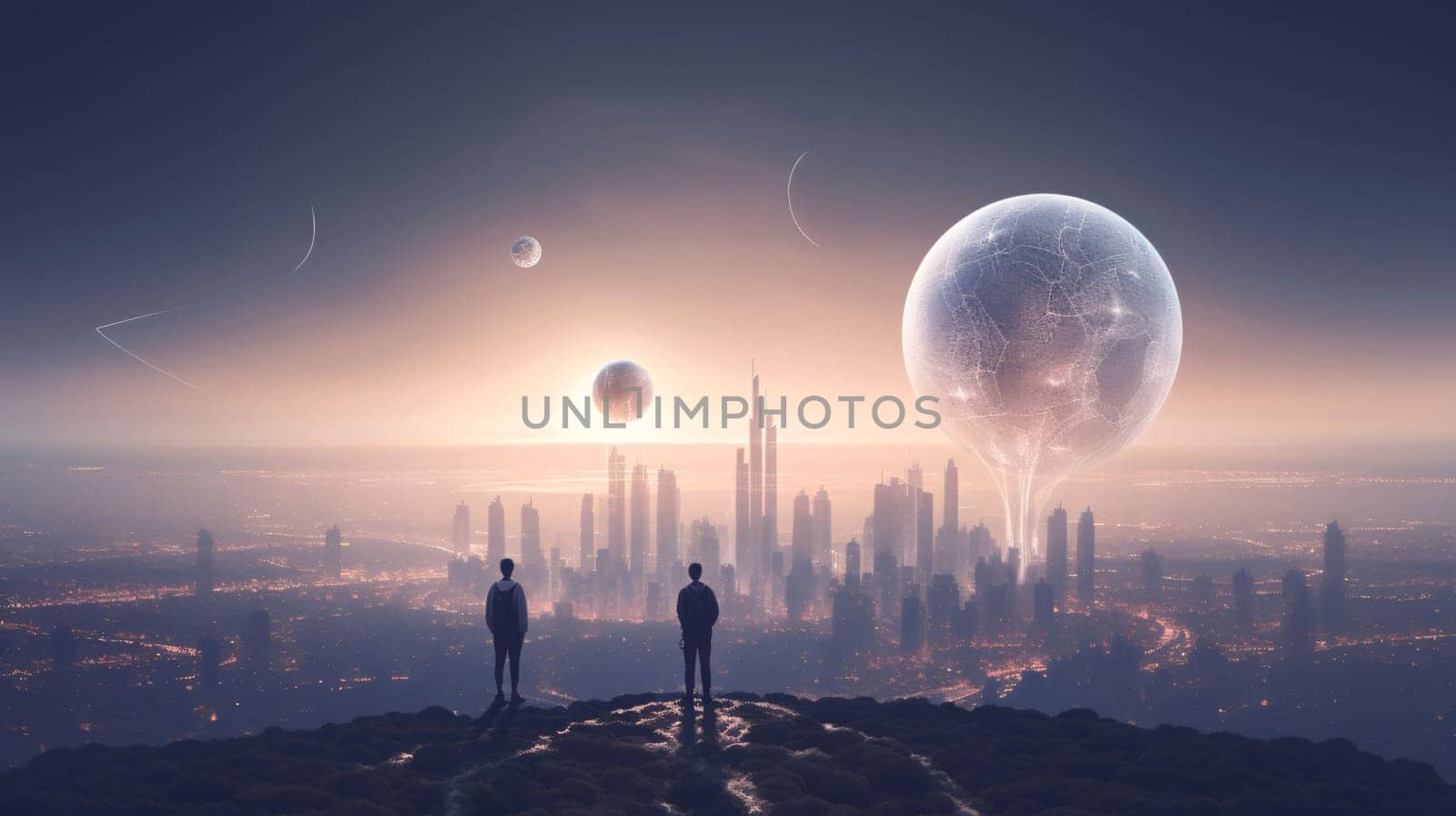 Banner: Man and woman looking at planet earth. 3D Rendering.