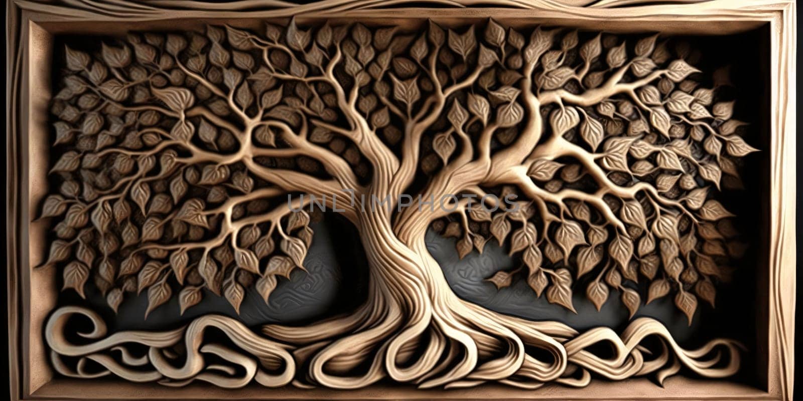 Banner: 3d illustration of abstract tree in wooden box over black background.