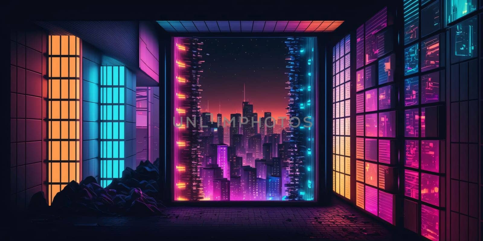 Banner: Night city with neon lights. Futuristic cityscape. 3d rendering