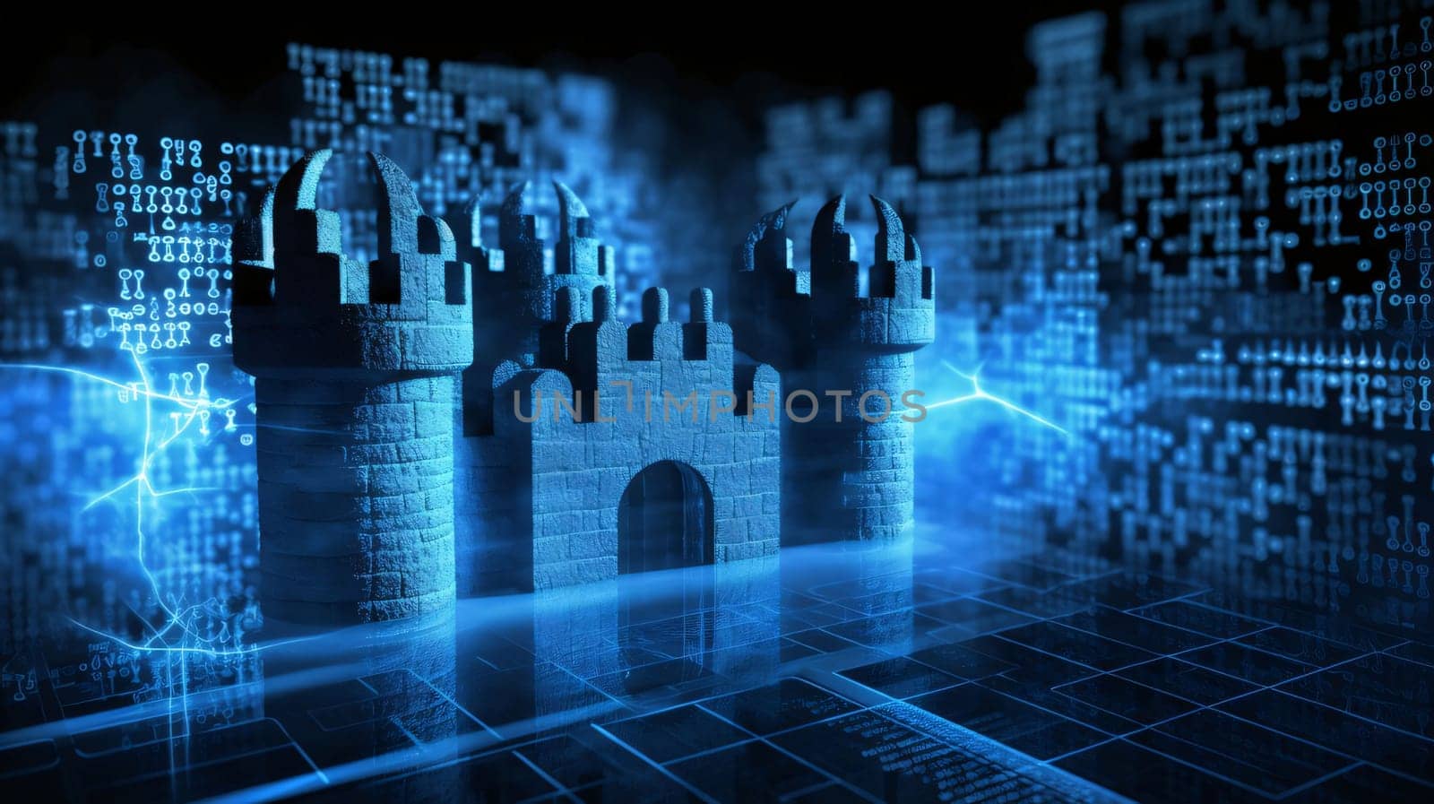 Banner: Digital background image with binary code and castle in blue tone. 3d rendering