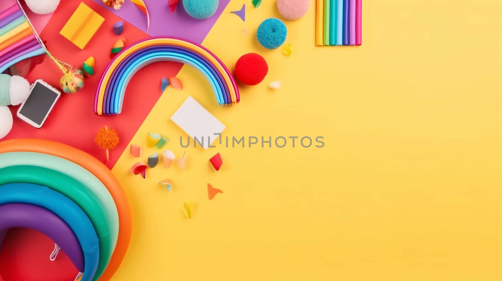 Banner: Top view of colorful rainbow, confetti, stationery and smartphone on yellow background