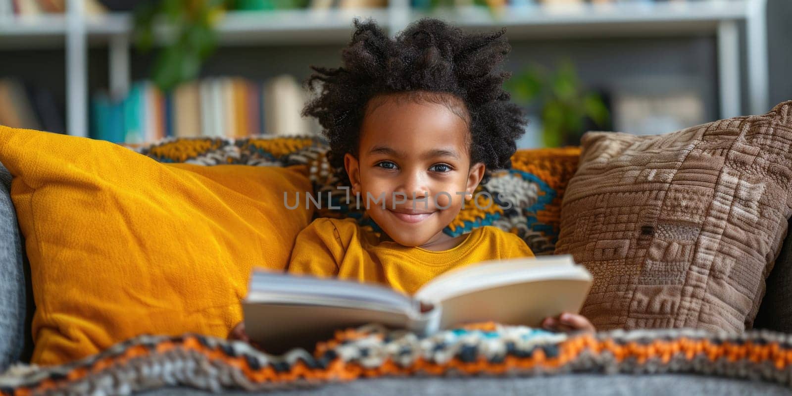 Cute boy reading a book and smiling while sitting on a sofa in the room. ai generated by Desperada
