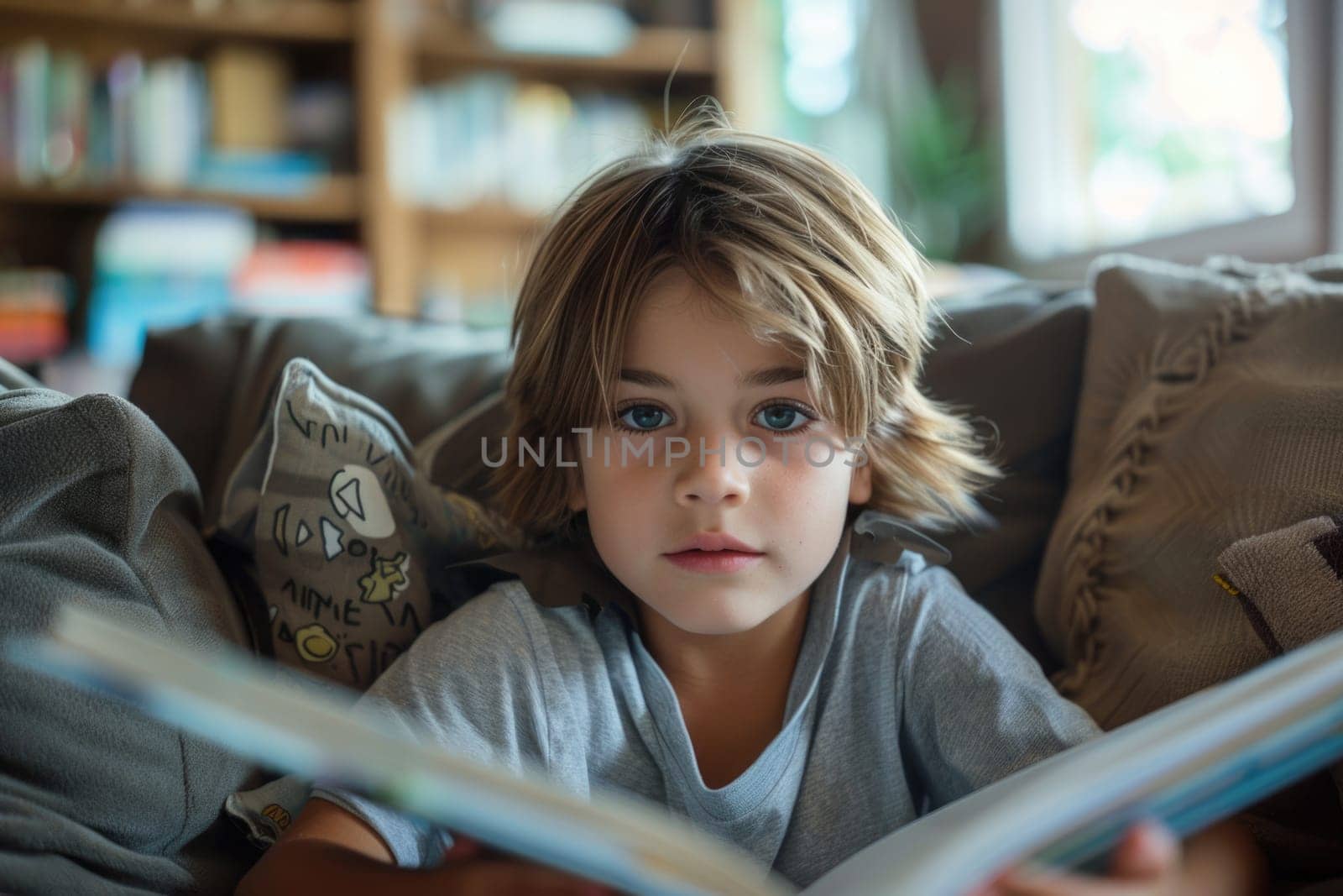 Cute little boy in casual clothes reading a book and smiling while sitting on a sofa in the room. ai generated