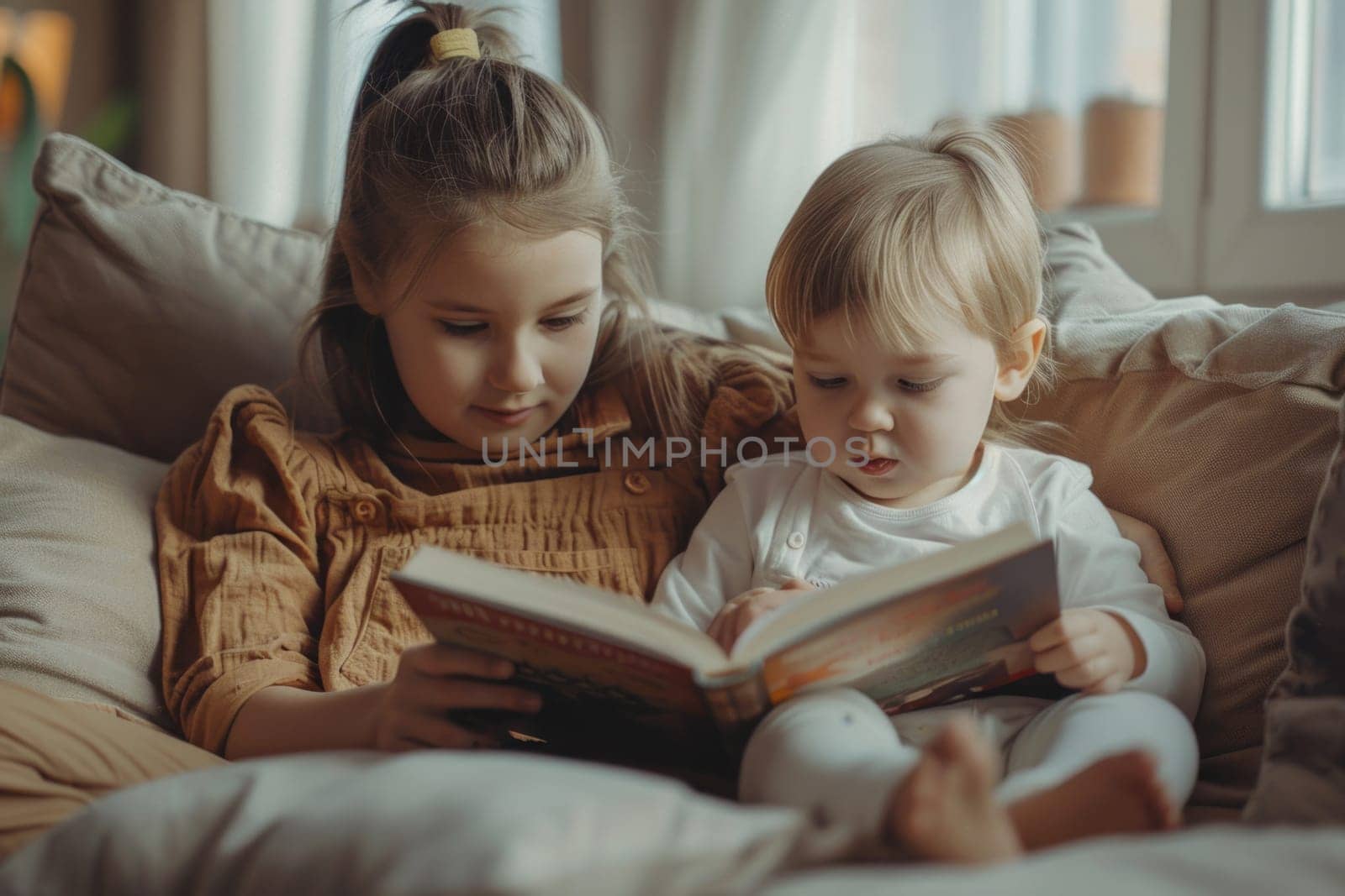 Cute children reading a book and smiling while sitting on a sofa in the room. ai generated by Desperada