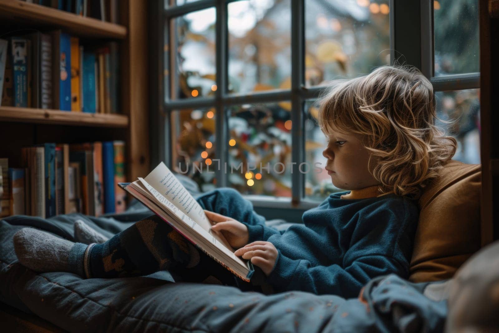 Cute little girl in casual clothes reading a book and smiling while sitting on a sofa in the room. ai generated