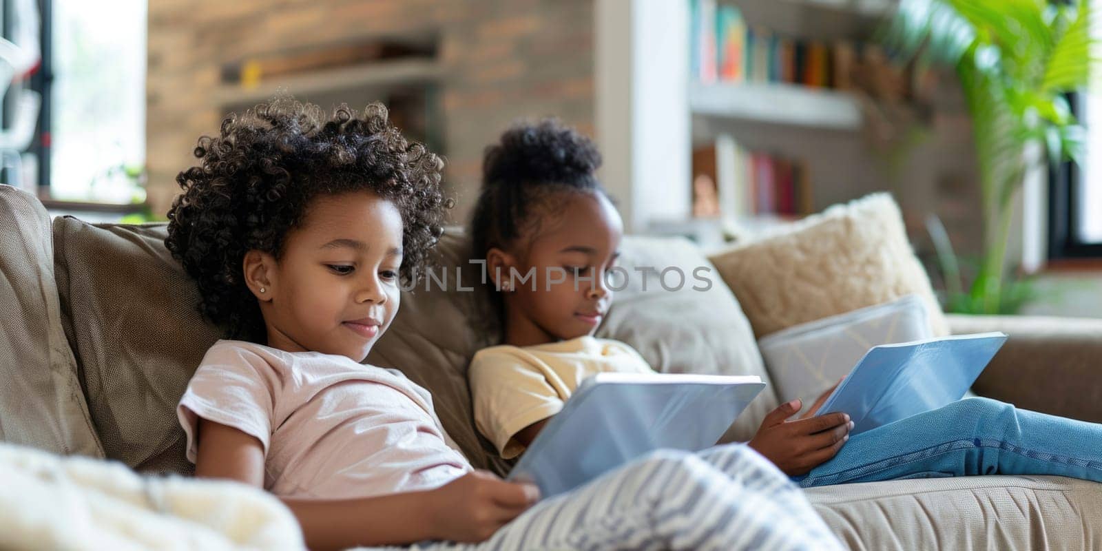 Cute little african american children in casual clothes reading a book and smiling while sitting on a sofa in the room. ai generated