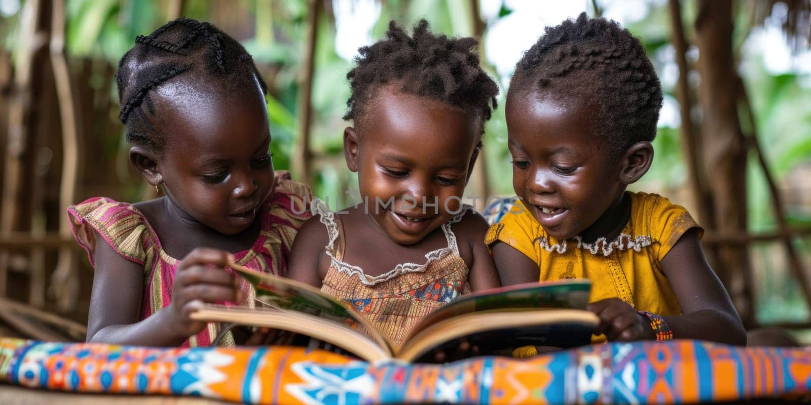 Cute little african american children in casual clothes reading a book and smiling while sitting outdoors . ai generated