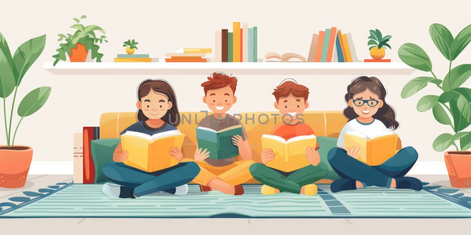 Cute little girl in casual clothes reading a book and smiling while sitting on a sofa in the room, cartoon style illustration. ai generated