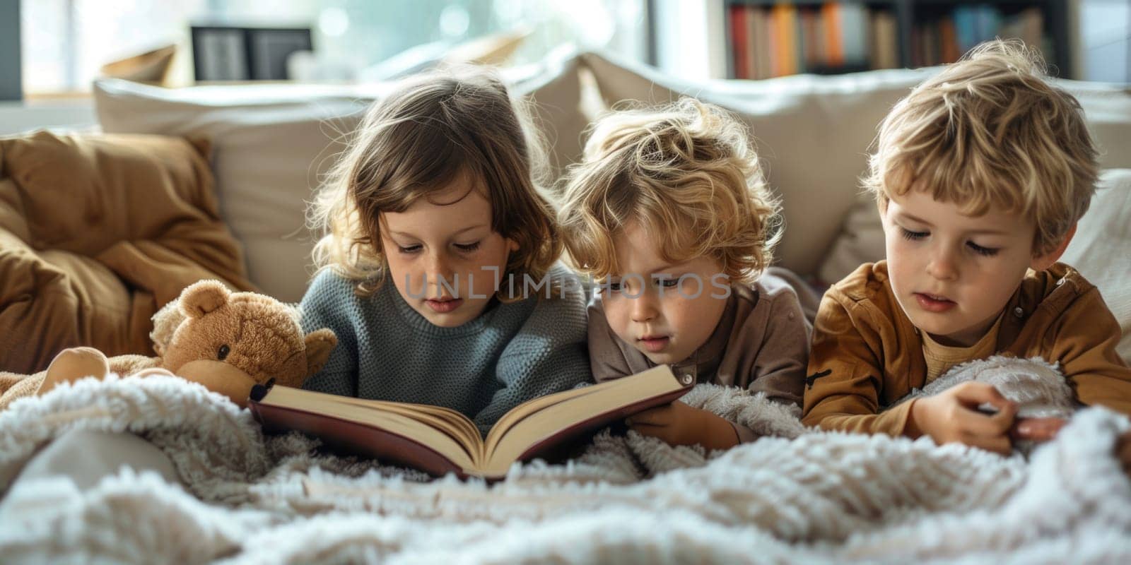 Cute little children in casual clothes reading a book and smiling while sitting on a sofa in the room. ai generated