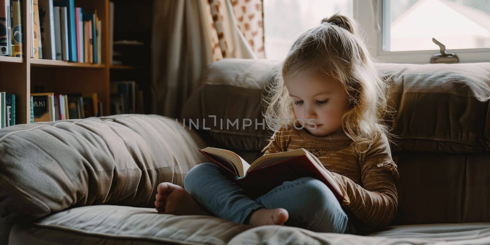 Cute little girl in casual clothes reading a book and smiling while sitting on a sofa in the room. ai generated