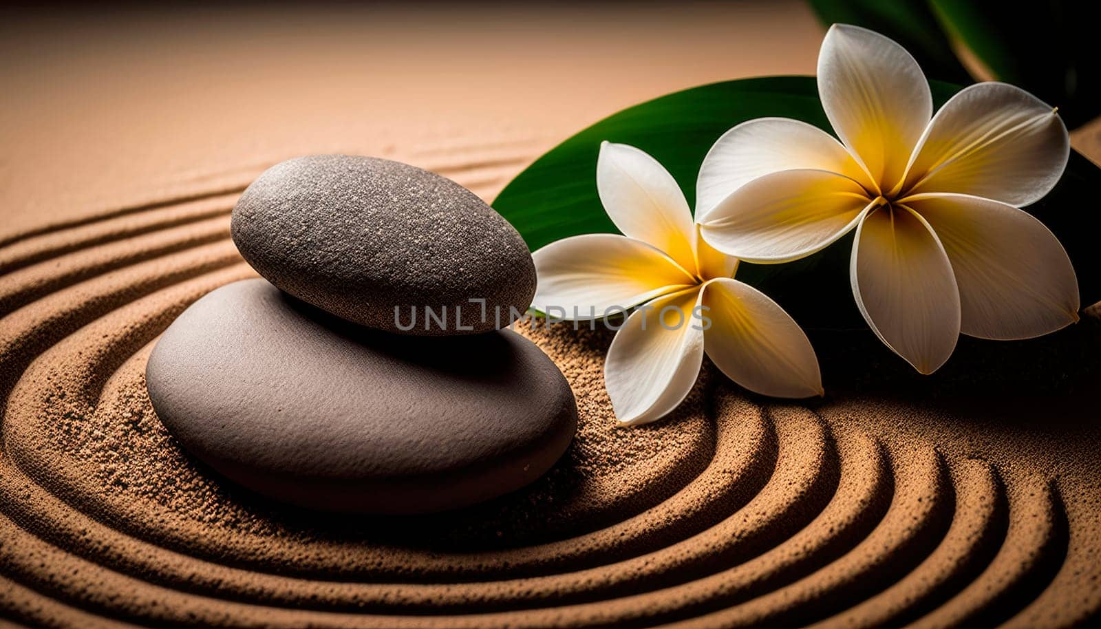 Zen Stones with lines on spa sand and plumeria flower harmony concept. by yanadjana