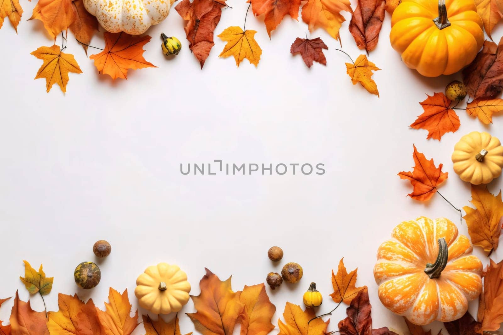 Banner: Autumn background with pumpkins, leaves and acorns on white background