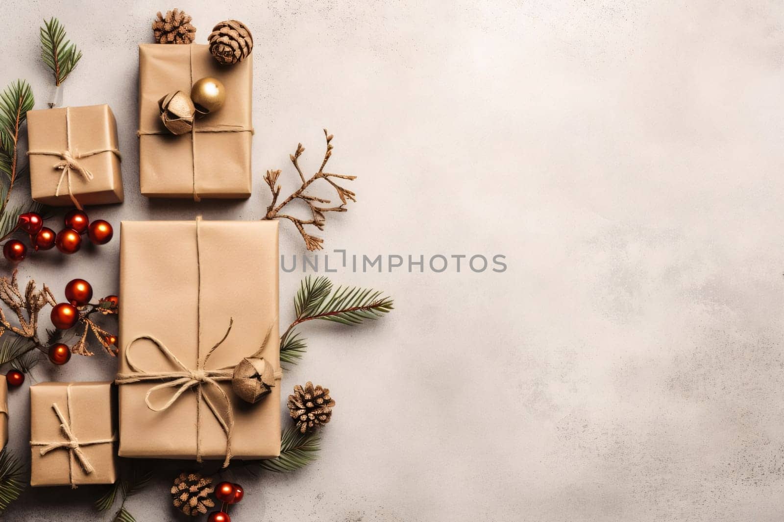 Banner: Christmas greeting card. Festive decoration on stone background. New Year concept. Copy space. Flat lay. Top view.