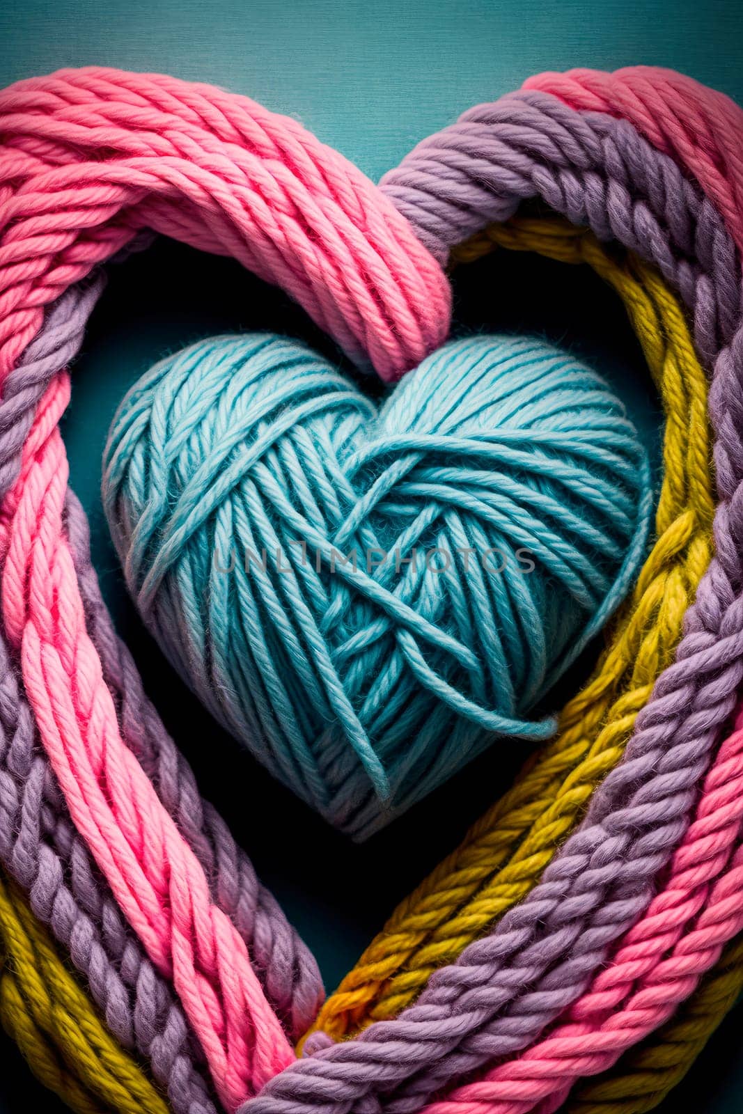 yarn for knitting multi-colored threads in the shape of hearts a lot. Generative AI,