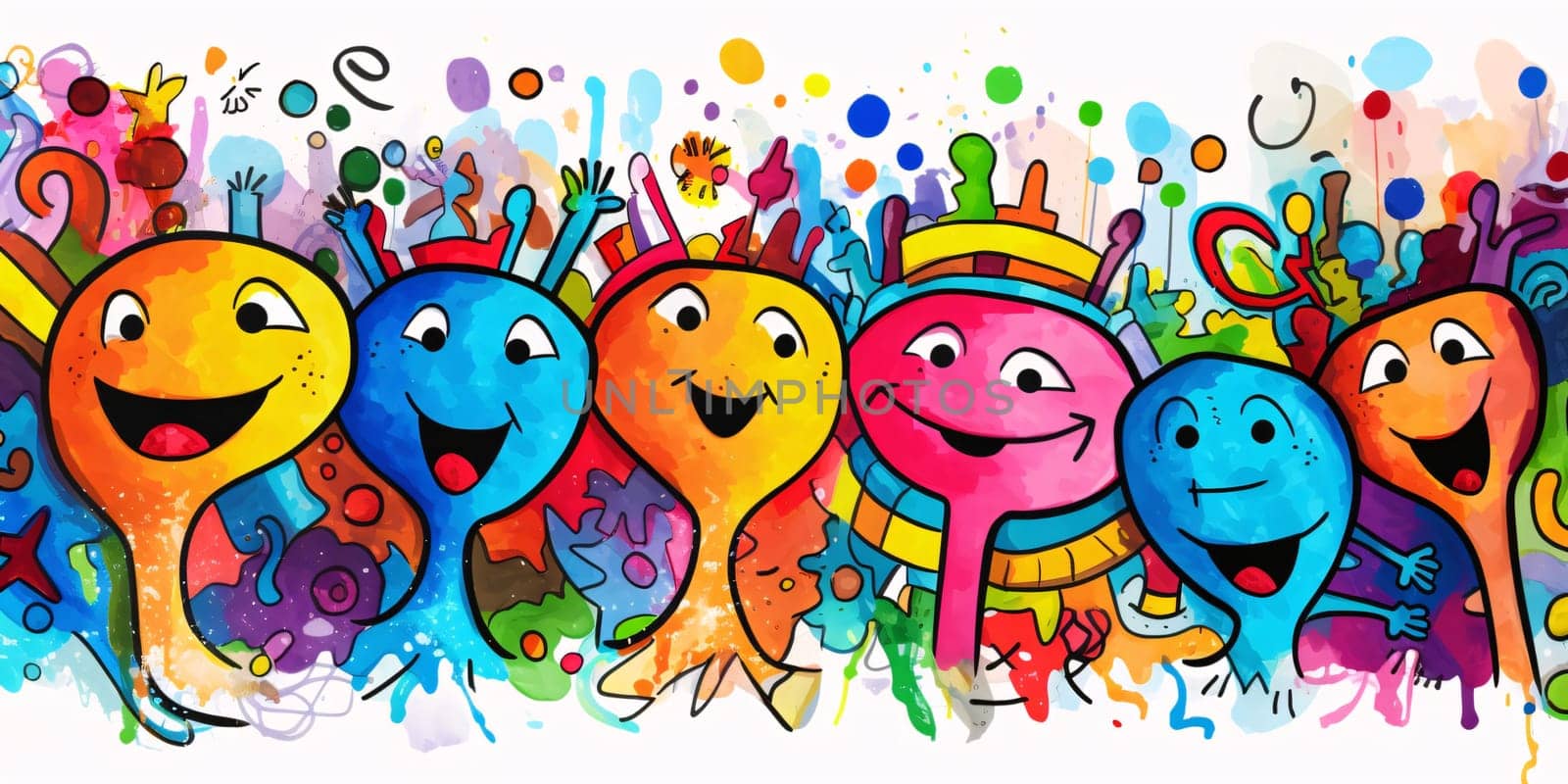 Banner: Cute colorful hand drawn doodle cartoon characters, vector illustration