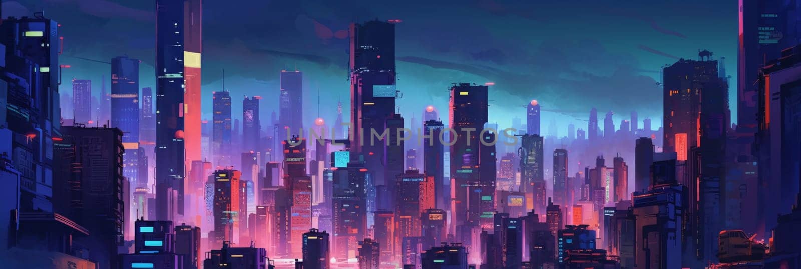 Panoramic view of skyscrapers at night. 3d illustration by ThemesS