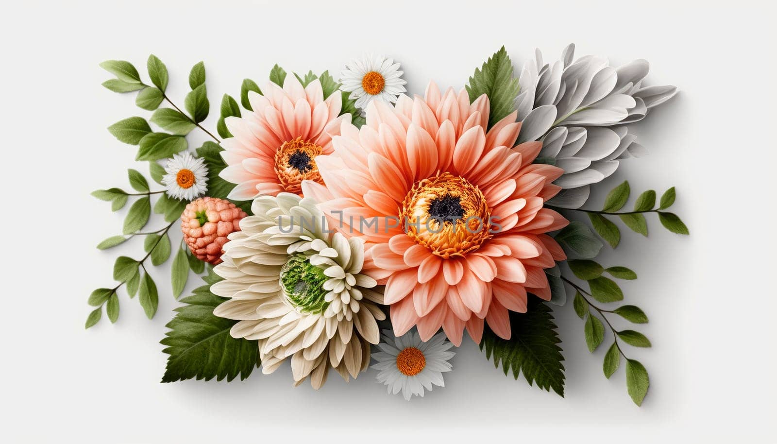 Beautiful bouquet of flowers on a white background. Generative AI,