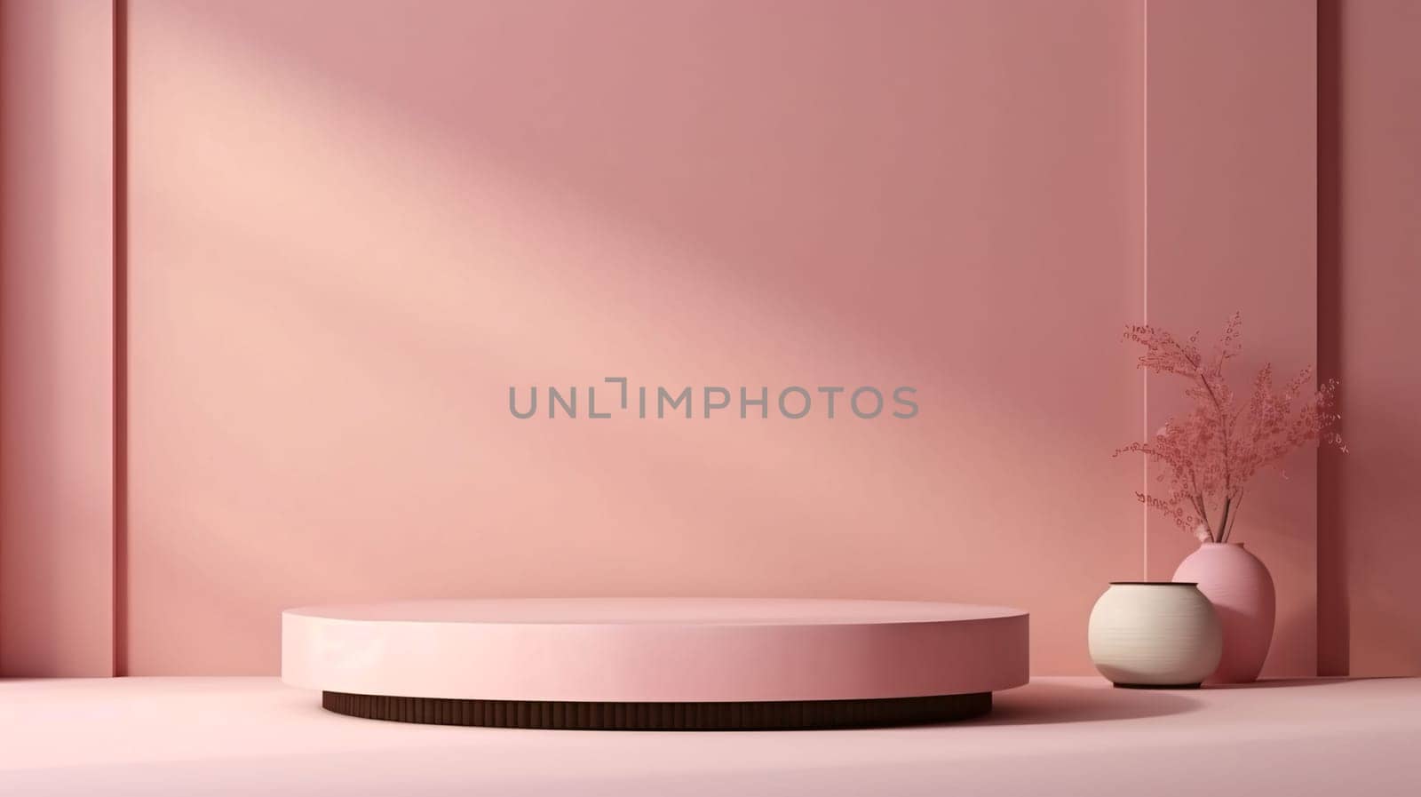 Banner: 3d rendering of minimal geometric forms. Pink podium for product presentation in minimal design. Fashion show stage.