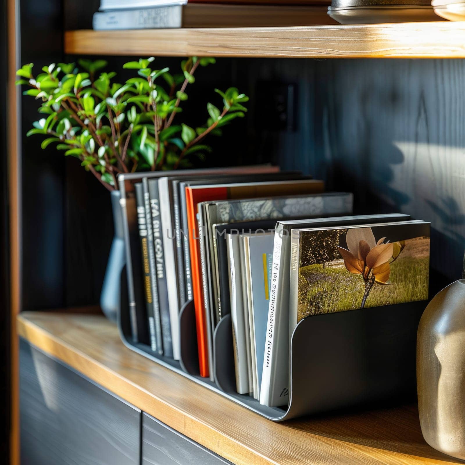 Organizers with books and magazines in magazine holder. ai generated