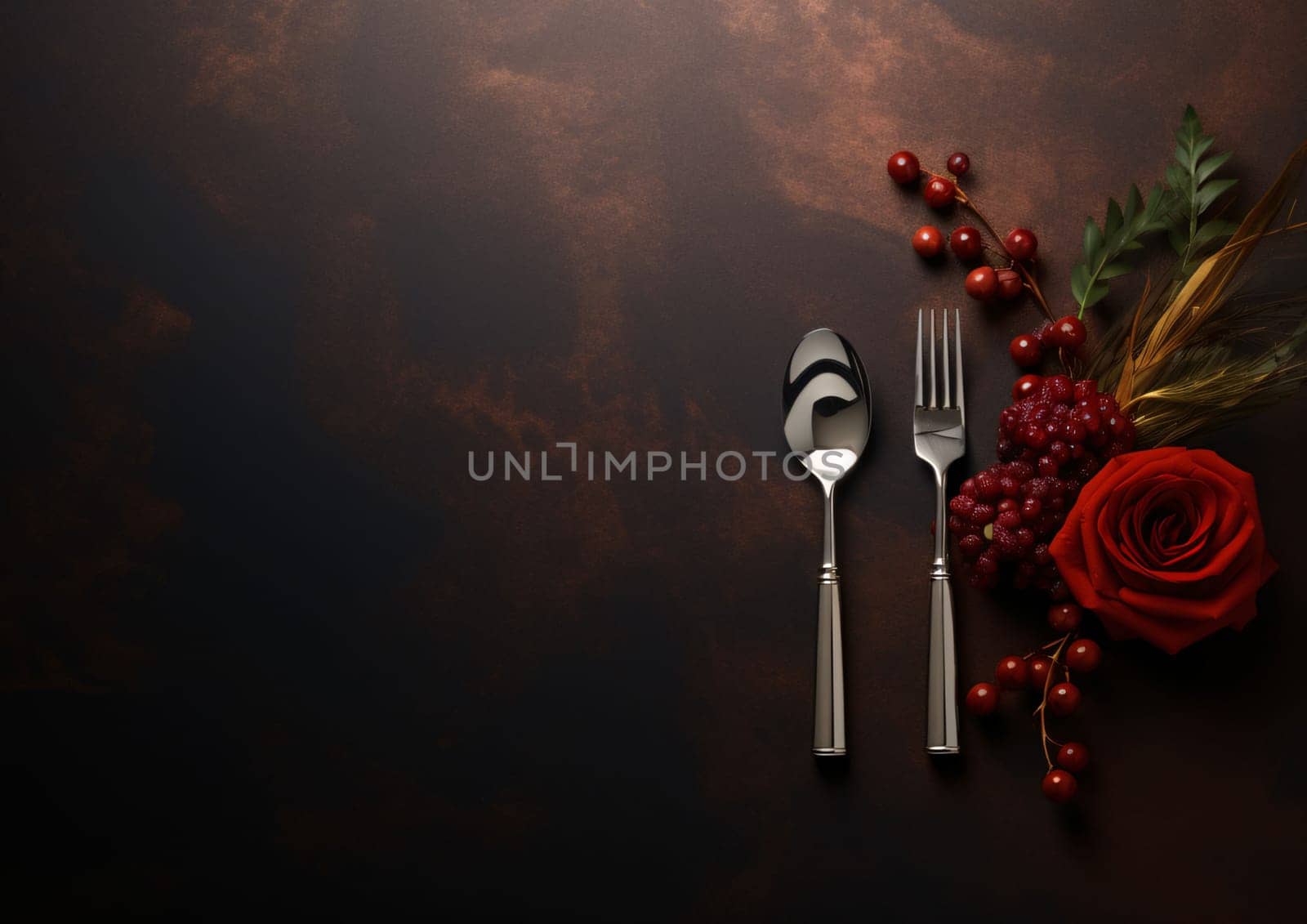 Banner: Valentine's day table setting with red rose and cutlery