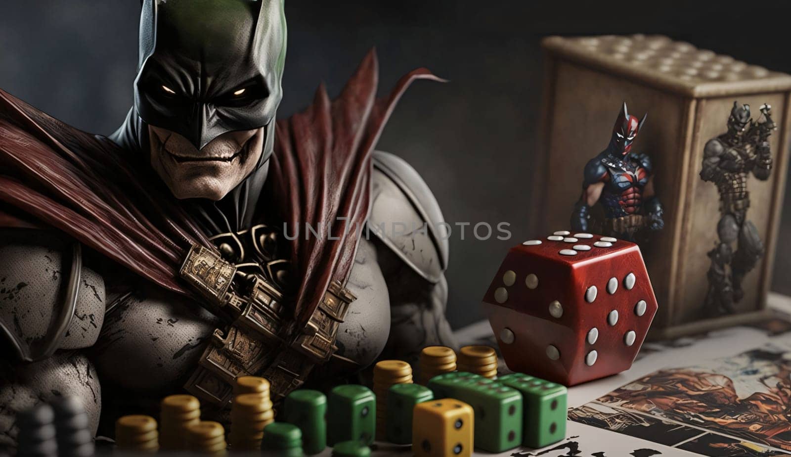 Banner: superhero with red dice and dices on the table. 3d illustration