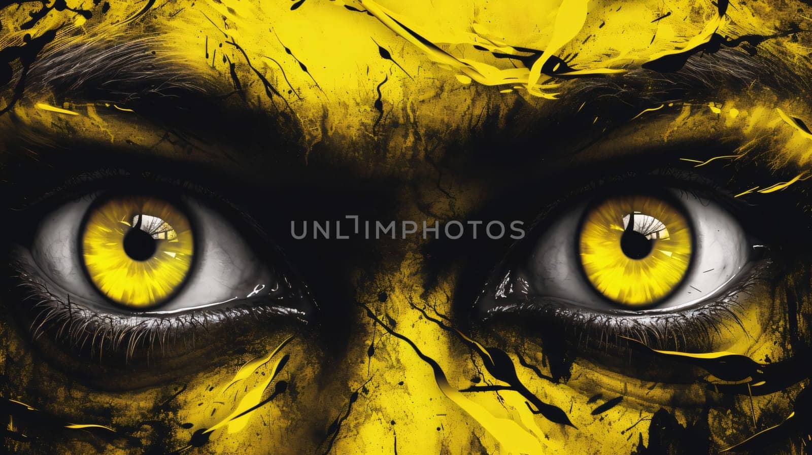 Banner: Close up of woman's eyes with yellow paint. Halloween concept.