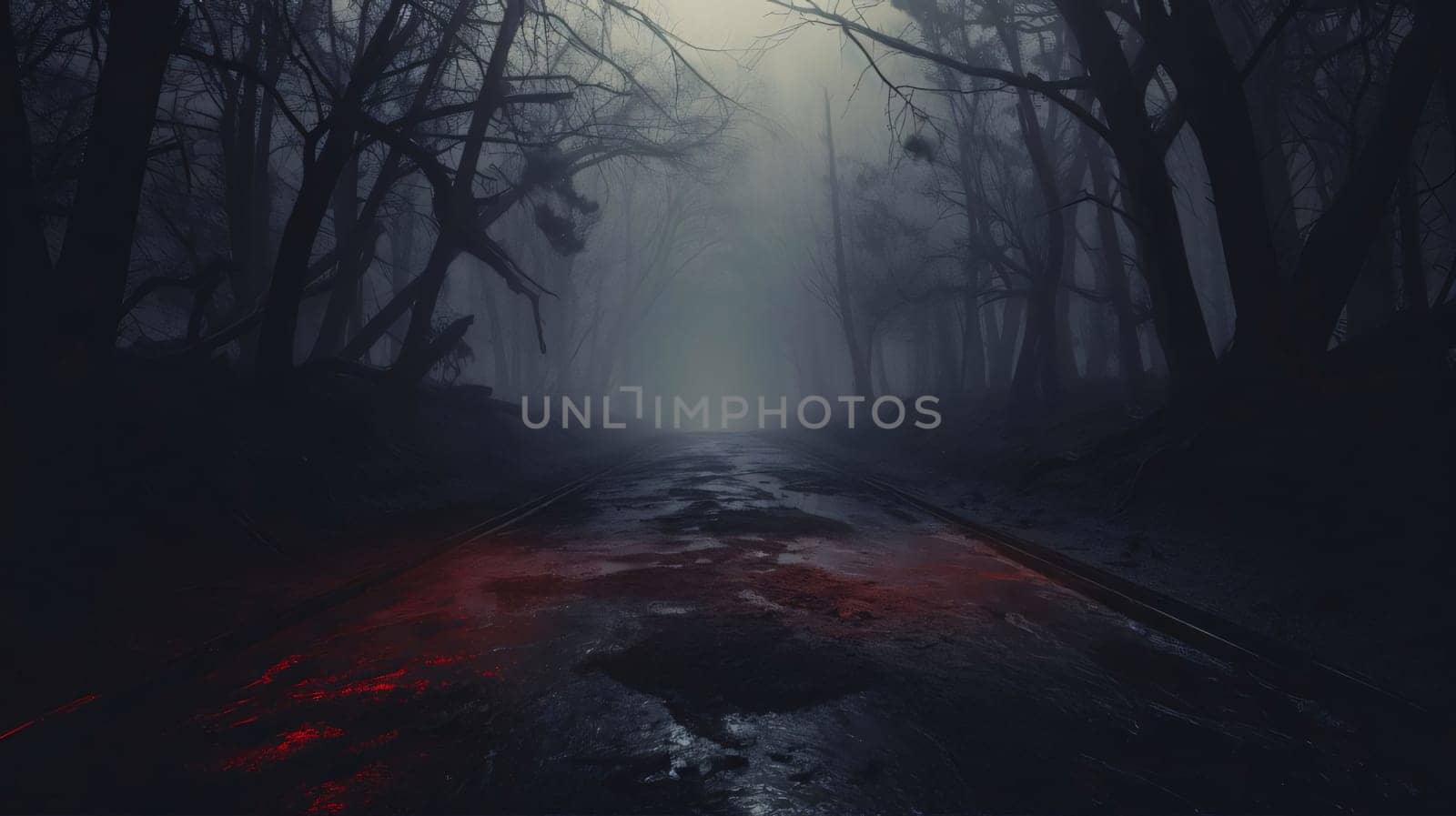 Banner: Mysterious dark forest with fog and road. Horror Halloween concept