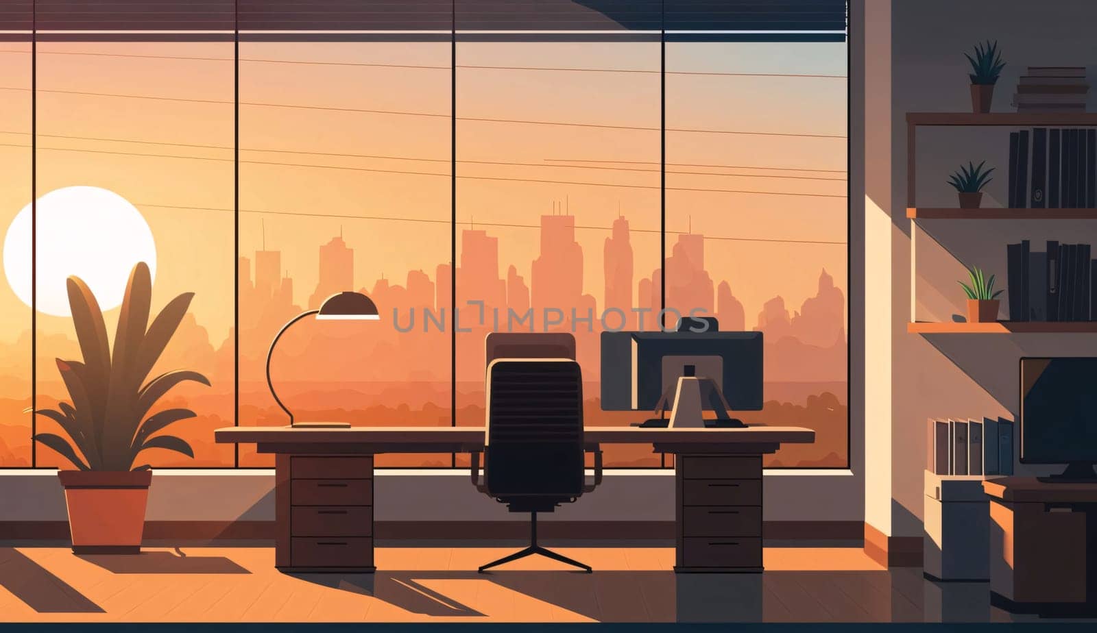 Banner: Office interior with furniture, panoramic window and city view. Vector illustration