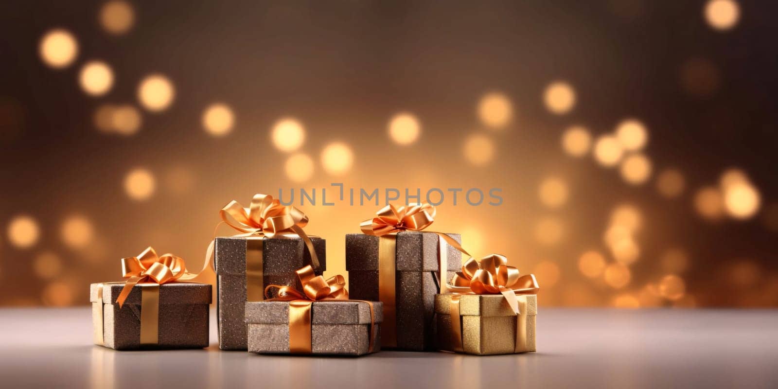 Banner: Gift boxes with golden bows on bokeh background. 3d rendering