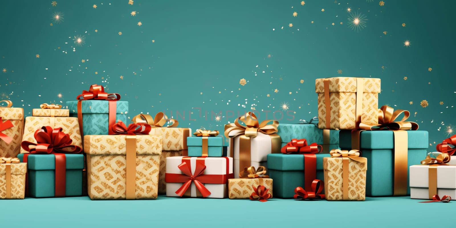 Banner: 3D render of Christmas gifts with ribbons on green background.